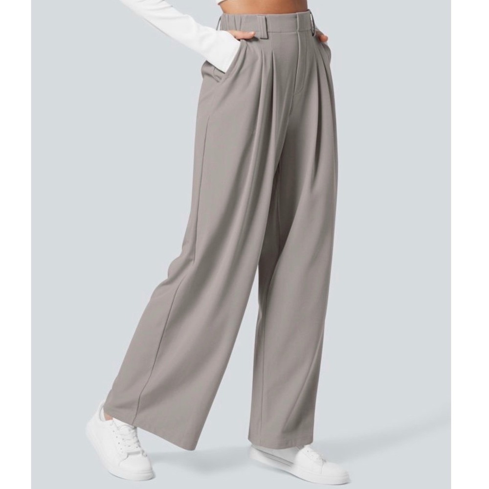 Halara Women's Gray Wide Leg Pleated Polyester Elastane Pants Size M NWT
